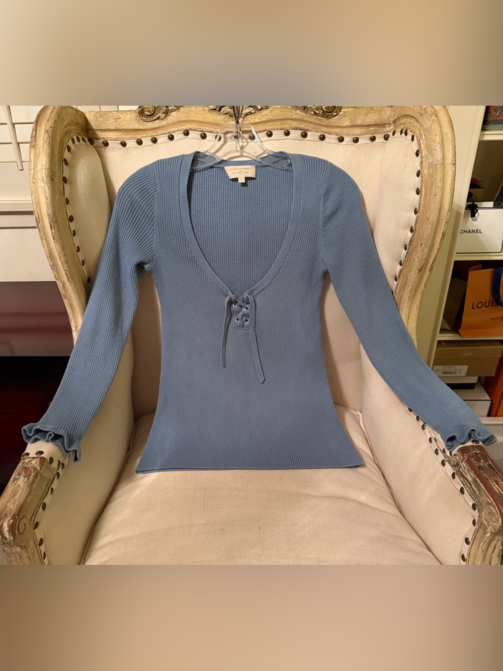 Sezane blue tie front merino wool sweater